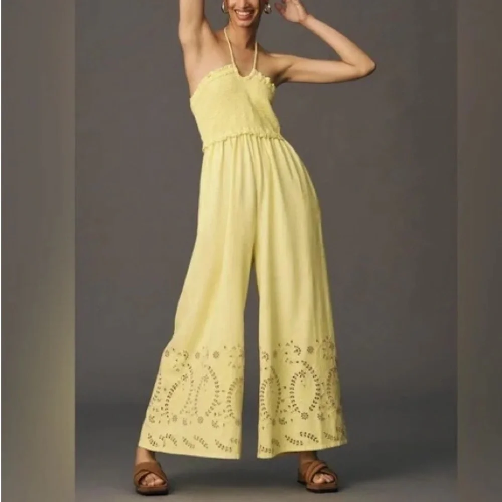 Anthropologie Strapless Eyelet Jumpsuit Black